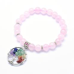 Quartz Rose Bracelets de charme stretch rose quartz naturel, avec des pendentifs en alliage, rond et plat avec un arbre, 2-1/4 pouces (56 mm)