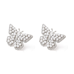 Platinum Clear Cubic Zirconia Butterfly Stdud Earrings with ABS Pearl Beaded, Brass Jewelry for Women, Cadmium Free & Lead Free, Platinum, 17.5x25.5mm, Pin: 0.8mm