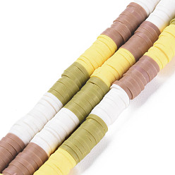 Mixed Color Fixed 4 Color Handmade Polymer Clay Bead Strands, Heishi Beads, Disc/Flat Round, Yellow & White & Olive & Camel, 6x0.3~1.5mm, Hole: 1.6~1.8mm, about 265~354pcs/strand, 12.76 inch~15.67 inch(32.4cm~39.8cm)