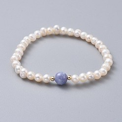 Quartz Stretch Grade A Natural Freshwater Pearl Bracelets, with Natural Quartz(Dyed) Beads and Brass Beads, 2 inch(5.1cm)