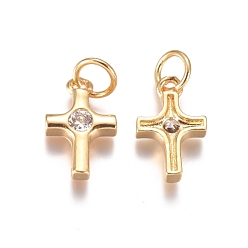 Golden Brass Tiny Cross Charms, with Cubic Zirconia and Jump Rings, Clear, Golden, 12x8x2mm, Hole: 3mm