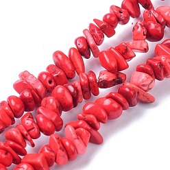 Roja Hebras de cuentas de magnesita natural, teñido, chip, rojo, 6~10x6~10x3~4 mm, agujero: 0.5~0.7 mm, 15.55''~16.54'' (39.5~42 cm)