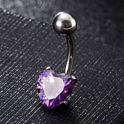 Purple Piercing Jewelry, Brass Cubic Zirconia Navel Ring, Belly Rings, with 304 Stainless Steel Bar, Lead Free & Cadmium Free, Heart, Platinum, Purple, 20x8mm, Bar: 15 Gauge(1.5mm), Bar Length: 3/8"(10mm)