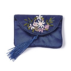 Midnight Blue Embroidery Cloth Zip Pouches, with Tassels and Stainless Steel Snap Button, Rectangle, Midnight Blue, 12x8.5cm