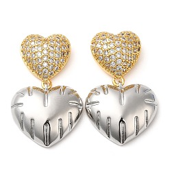 Real 18K Gold Plated Rack Plating Brass Heart Dangle Stud Earrings, with Cubic Zirconia, Cadmium Free & Lead Free, Real 18K Gold Plated, 32x19.5mm