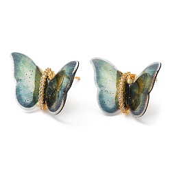 Dark Sea Green Film Butterfly Stud Earrings with Cubic Zirconia, Real 18K Gold Plated Brass Earrings, Lead Free & Cadmium Free, Dark Sea Green, 17x22~23mm