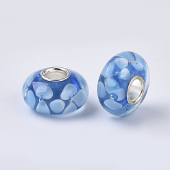 Dodger Blue Handmade Lampwork European Beads, Inner Flower, Large Hole Beads, with Silver Color Plated Brass Single Cores, Rondelle, Dodger Blue, 14x7.5mm, Hole: 4mm