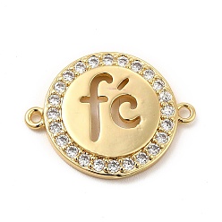 Real 18K Gold Plated Eco-Friendly Rack Plating Brass Micro Pave Clear Cubic Zirconia Connector Charms, Lead Free & Cadmium Free, Long-Lasting Plated, Flat Round Links with Word, Real 18K Gold Plated, 25x20x3mm, Hole: 1.4~1.5mm