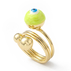 Yellow Enamel Round with Evil Eye Finger Rings, Real 18K Gold Plated Brass Wrap Style Ring for Women, Yellow, 5.5~19.5mm, Inner Diameter: 18mm