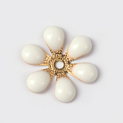 White Flower Brass Enamel Beads, Golden, White, 16x18x2mm, Hole: 2mm