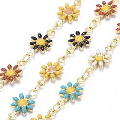 Colorful Handmade Brass Enamel Link Chains, with Spool, Soldered, Long-Lasting Plated, Golden, Daisy, Colorful, 12.5x7.5x2mm, about 32.8 Feet(10m)/roll