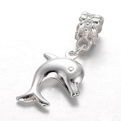 Silver Alloy European Dangle Charms, Large Hole Dolphin Beads, Silver Color Plated, 33mm, Hole: 5mm