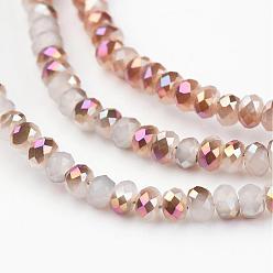 White Electroplate Glass Beads Strands, Imitation Jade, Half Rose Gold Plated, Faceted Rondelle, White, 8x6mm, Hole: 1mm, about 72pcs/strand, 15.7 inch