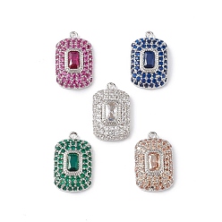 Platinum Rack Plating Brass Micro Pave Cubic Zirconia Pendants, Rectangle Charm, Cadmium Free & Lead Free, Long-Lasting Plated, Mixed Color, Platinum, 17x10x4mm, Hole: 1mm