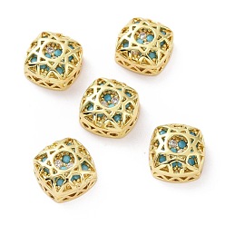 Turquoise Eco-friendly Brass Cubic Zirconia Multi-Strand Links, Cadmium Free & Lead Free, Square, Golden, Turquoise, 10x10x5.7mm, Hole: 1.2mm