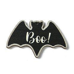 Noir Gros pendentifs en bois imprimé simple face halloween, breloques en forme de chauve-souris avec boo, noir, 34.5x54.5x2.5mm, Trou: 2.5mm