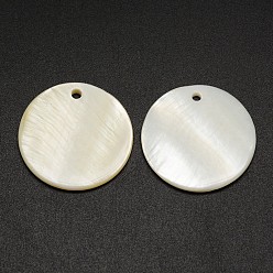Ivoire Plats ronds pendentifs coquille d'eau douce, blanc crème, 25x2mm, Trou: 2mm
