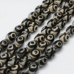 Black Tibetan Style 3-Eye dZi Beads Strands, Natural Agate Beads, Dyed & Heated, Barrel, Black, 9.5~10x13.5~14mm, Hole: 2mm, about 27pcs/strand, 14.9 inch(380mm)