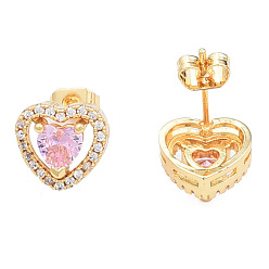 Pearl Pink Cubic Zirconia Heart Stud Earrings, Golden Brass Jewelry for Women, Nickel Free, Pearl Pink, 10x10.5mm, Pin: 0.7mm