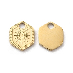 Real 18K Gold Plated Ion Plating(IP) 316L Surgical Stainless Steel Charms, Hexagon with Sun Charm, Textured, Real 18K Gold Plated, 8.2x7x1mm, Hole: 1.5mm