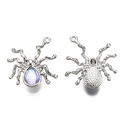 Platinum Halloween Rack Plating Alloy Pendants, Spider Charm, with Lilac Resin Beads, Cadmium Free & Lead Free, Platinum, 30x27x5.8mm, Hole: 1.6mm