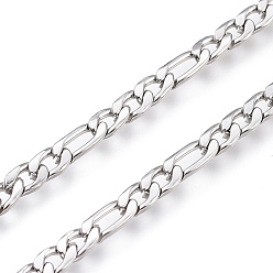 Stainless Steel Color 304 Stainless Steel Figaro Chain, with Spool, Unwelded, Stainless Steel Color, Link: 9x4x0.8mm and 6.5x4x0.8mm, about 32.8 Feet(10m)/roll
