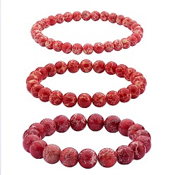 Rojo Oscuro Juego de pulseras elásticas con cuentas redondas de jaspe imperial sintético de tamaño 3 piezas 3, joyas de piedras preciosas para mujeres, de color rojo oscuro, diámetro interior: 2-1/8 pulgada (5.5 cm), perlas: 6~10 mm, 1 pc / tamaño