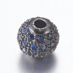 Prussian Blue Brass Micro Pave Cubic Zirconia Beads, Round, Gunmetal, Prussian Blue, 10mm, Hole: 2mm