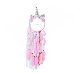 Pink Handmade Unicorn Woven Net/Web with Feather Wall Hanging Decoration, with Beads & Ribbon & Flower, for Home Offices Ornament, Pink, 850~920x205mm, Pendant: 800~805mm long