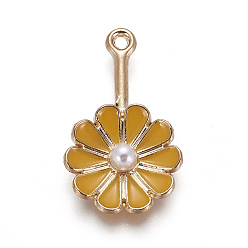 Orange Alloy Enamel Pendants, with Acrylic Imitation Pearl, Flower, Light Gold, Goldenrod, 26x16x5mm, Hole: 1.4mm