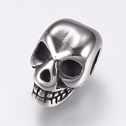 Antique Silver 304 Stainless Steel European Beads, Large Hole Beads, Skull, Antique Silver, 12.5x8x8.5mm, Hole: 4mm