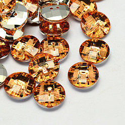 Orange Taiwan boutons en strass acrylique, facette, 2-trou, disque, orange, 10x4mm, Trou: 1mm
