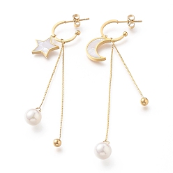 Golden 304 Stainless Steel Asymmetrical Earrings, Half Hoop Earrings, with Natural White Shell, Plastic Imitation Pearl Beads and Ear Nuts, Star & Moon, Golden, 78.5~87mm, Pin: 0.8mm