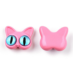 Hot Pink Spray Painted Alloy Beads, with Glass Eye, Cat Head, Hot Pink, 14x16.5x7mm, Hole: 1.5mm