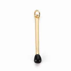 Black Brass Enamel Pendants, with Jump Ring, Cadmium Free & Nickel Free & Lead Free, Match, Real 16K Gold Plated, Black, 30x4.5mm, Jump Ring: 5x1mm, 3mm inner diameter