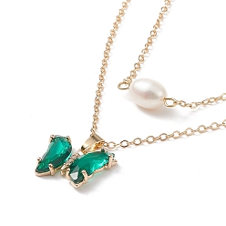Sea Green Glass Butterfly & Natural Pearl Pendants Double Layer Necklace with Clear Cubic Zirconia, Golden Brass Jewelry for Women, Sea Green, 16.34 inch(41.5cm)