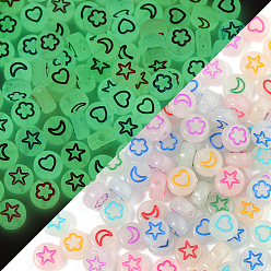 Mixed Color Luminous Translucent Acrylic Beads, with Enamel, Glow In The Dark, Flat Round with Heart & Star & Moon, Mixed Color, 7x3.6mm, Hole: 1.3mm, 100pcs/bag