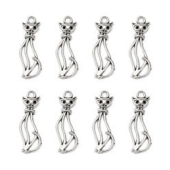 Antique Silver Tibetan Style Alloy Kitten Pendants, Hollow, Cat Shape, Antique Silver, Lead Free and Cadmium Free, 34x12x2mm, Hole: 3mm