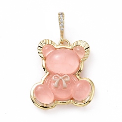 Light Coral Translucent Resin Pendants, Bear with Bowknot Charm, with Brass Micro Pave Clear Cubic Zirconia, Cadmium Free & Lead Free, Real 18K Gold Plated, Light Coral, 28x25x8mm, Hole: 4.5x7mm