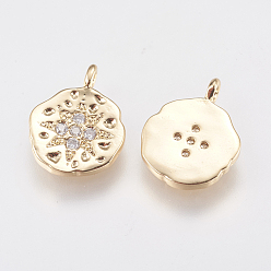 Real 18K Gold Plated Brass Micro Pave Cubic Zirconia Charms, Flat Round, Real 18K Gold Plated, 10.5x8x2mm, Hole: 1mm