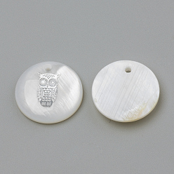 Платина Подвески из пресноводных оболочек, Плоский круглый и сова, платина, 16x3.5~4 мм, отверстие : 1.2 мм