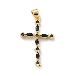 Black Eco-friendly Brass Micro Pave Cubic Zirconia Pendants, Long-Lasting Plated, Real 18K Gold Plated, Cadmium Free & Lead Free, Cross, Black, 30x19x3mm, Hole: 3.7x3.5mm