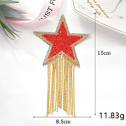 Red Glitter Resin Hotfix Rhinestone, Iron on Patches, with Tassel, Dress Shoes Garment Decoration, Star, Red, 150x85mm