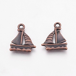 Red Copper Tibetan Style Alloy Pendants, Lead Free, Nickel Free and Cadmium Free, Sail Boat, Red Copper, 20x16.5x2mm, Hole: 2mm