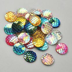 Mixed Color 30Pcs 6 Colors Resin Cabochons, AB-Color, Flat Round with Mermaid Fish Scale, Mixed Color, 12x3mm, 5pcs/color