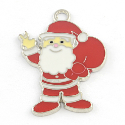 Red Alloy Christmas Santa Claus Enamel Pendants, Platinum, Red, 36.5x28x1.5mm, Hole: 3mm