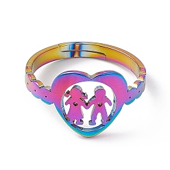 Rainbow Color Ion Plating(IP) 201 Stainless Steel Heart with Lovers Adjustable Ring for Valentine's Day, Rainbow Color, US Size 6 1/4(16.7mm)