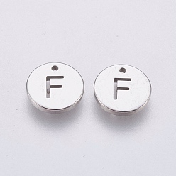 Letter F 304 Stainless Steel Charms,  Flat Round with Letter, Stainless Steel Color, Letter.F, 10x1mm, Hole: 1mm