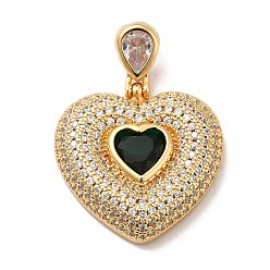Black Brass Micro Pave Cubic Zirconia Pendants, Long-Lasting Plated, Real 18K Gold Plated, Heart, Black, 41.5mm, Hole: 8x4mm