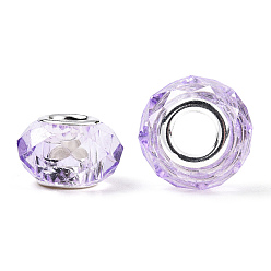 Lilas Main perles européennes en verre, Perles avec un grand trou   , ame en laiton de couleur argent, lilas, 14x8mm, Trou: 5mm